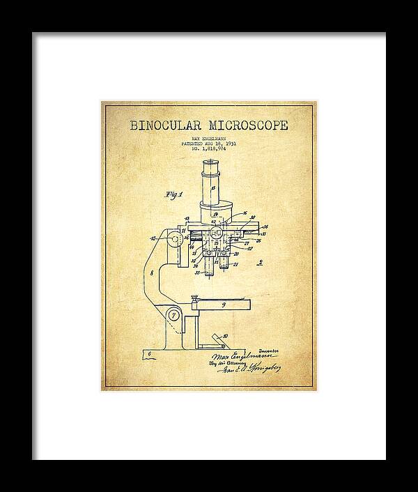 Microscope Framed Print featuring the digital art Binocular Microscope Patent Drawing from 1931-Vintage by Aged Pixel