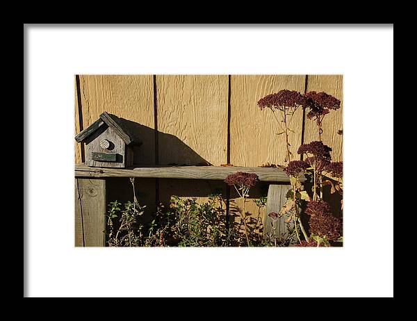 Bird House Framed Print featuring the photograph Bird House on Bench by Valerie Collins