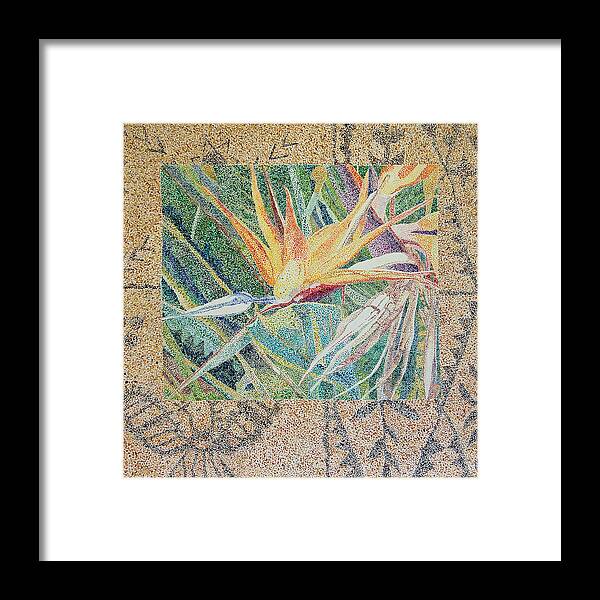 Bird Of Paradise Framed Print featuring the painting Bird of Paradise with Tapa Cloth by Terry Holliday