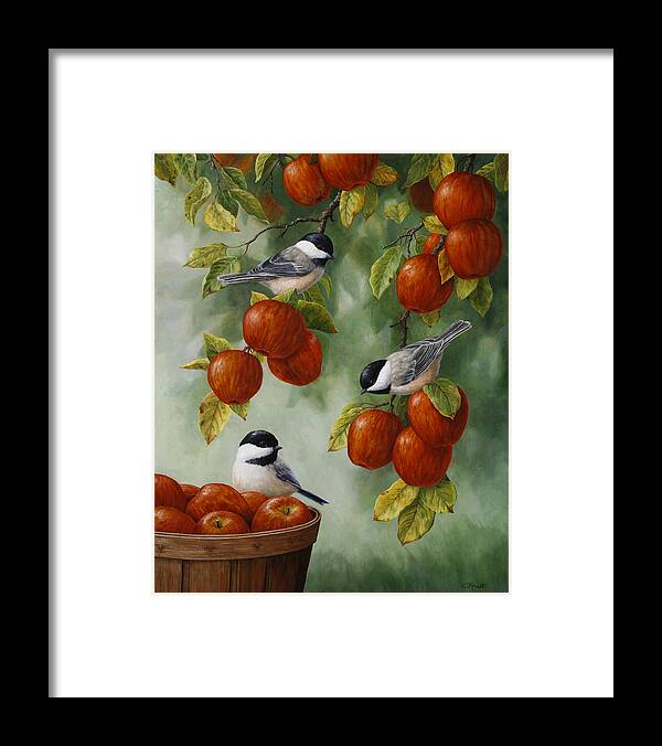 Birds Framed Print featuring the painting Bird Painting - Apple Harvest Chickadees by Crista Forest