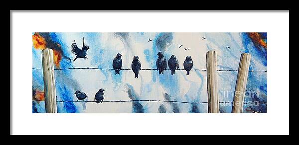 Birds On Wire Framed Print featuring the painting Birds on Barbed Wire by Shiela Gosselin