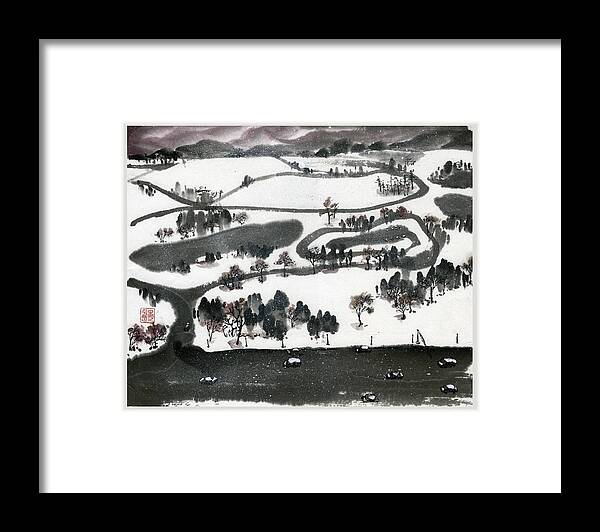 Landscape Framed Print featuring the painting Birdview of Forest Park from Queeny Tower by Ping Yan