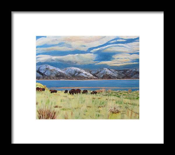 Landscape Framed Print featuring the painting Bison on Antelope Island by Linda Feinberg