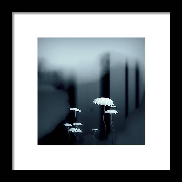 Black And White Mushrooms Framed Print featuring the digital art Black And White Mushrooms by GuoJun Pan