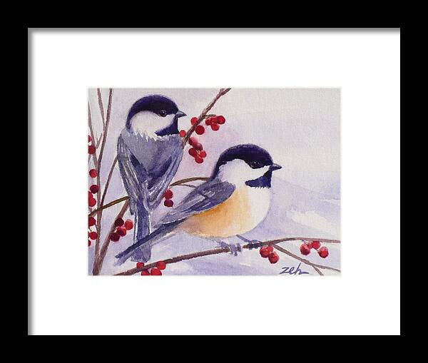 Birds Framed Print featuring the painting Black-capped Chickadees by Janet Zeh