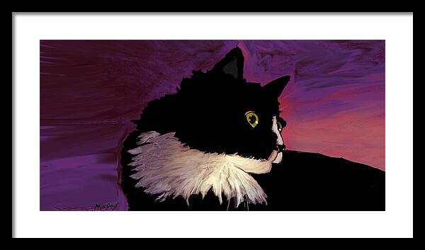 Cat Framed Print featuring the painting Black Cat on Purple HORIZONTAL by Dale Moses