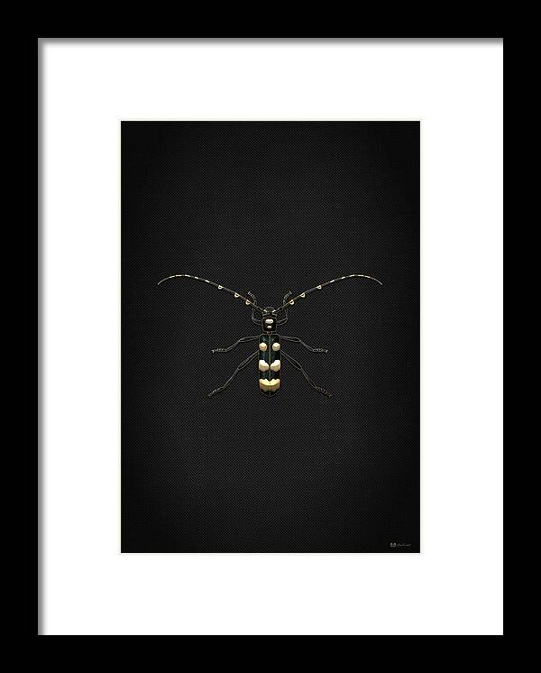 'beasts Creatures And Critters' Collection By Serge Averbukh Framed Print featuring the digital art Black Longhorn Beetle with Gold Accents on Black Canvas by Serge Averbukh