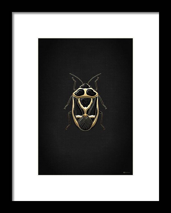 Beasts Creatures And Critters Collection By Serge Averbukh Framed Print featuring the digital art Black Shieldbug with Gold Accents on Black Canvas by Serge Averbukh