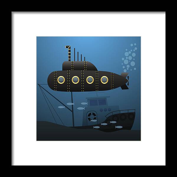 Black Submarine Sails Underwater Sunken Ship On The Seabed Cartoon Image Vector Illustrations Framed Print