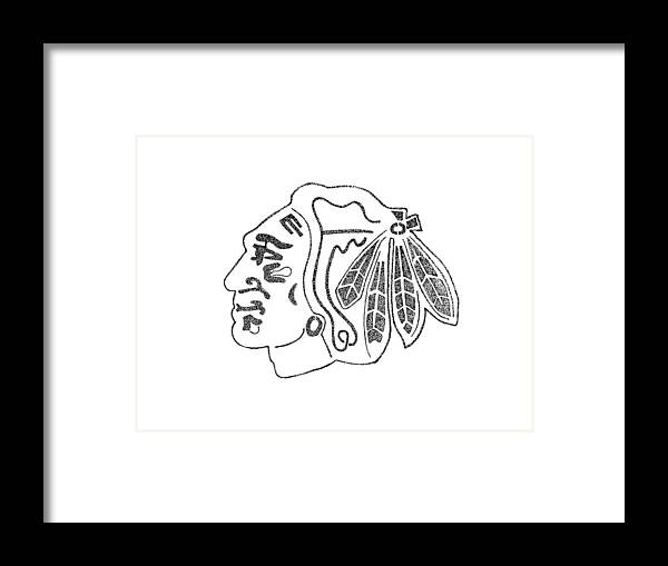Chicago Blackhawk Logo Stippling Black And White Framed Print featuring the drawing Blackhawk logo by Joe Rozek