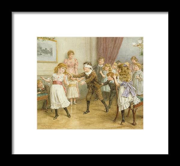 19th; 20th; Edwardian; Children; Playing; Game; Party; Governess; Nanny; Male; Female; Young Boy; Young Girl; Catching; Chasing; Pulling Hair; Excited; Fun; Blindfold; Blindfolded Framed Print featuring the painting Blind Mans Buff by George Kilburne