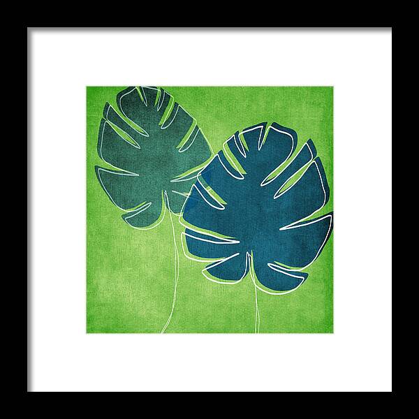Palm Tree Framed Print featuring the painting Blue and Green Palm Leaves by Linda Woods