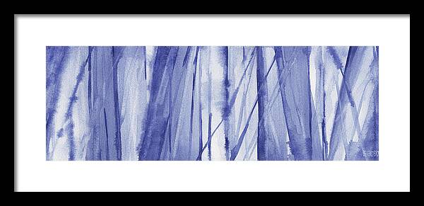 Abstract Framed Print featuring the painting Blue and White Abstract Panoramic Painting by Beverly Brown Prints