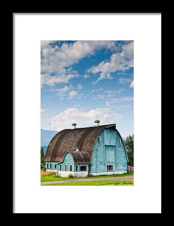 Agricultural Activity Framed Print featuring the photograph Blue Barn in the Stillaguamish Valley by Jeff Goulden