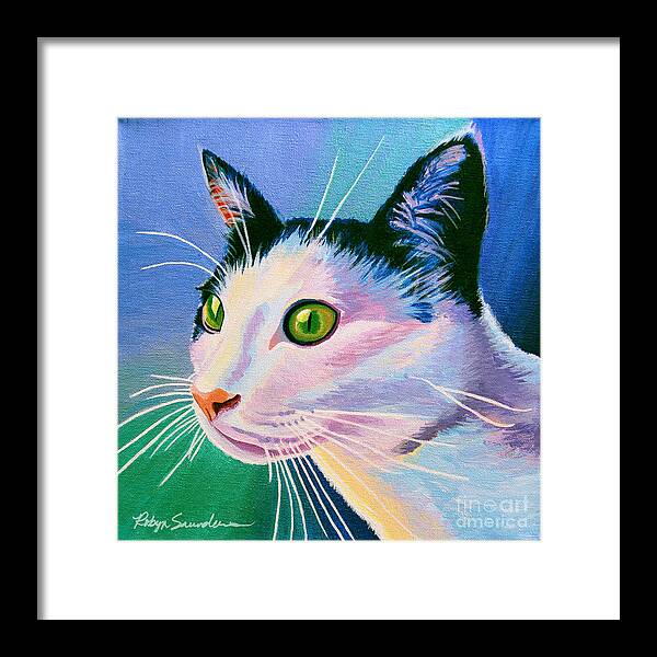 Blue Framed Print featuring the painting Blue Black and White Cat by Robyn Saunders