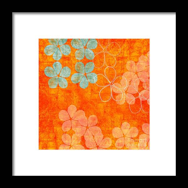 Abstract Framed Print featuring the painting Blue Blossom on Orange by Linda Woods