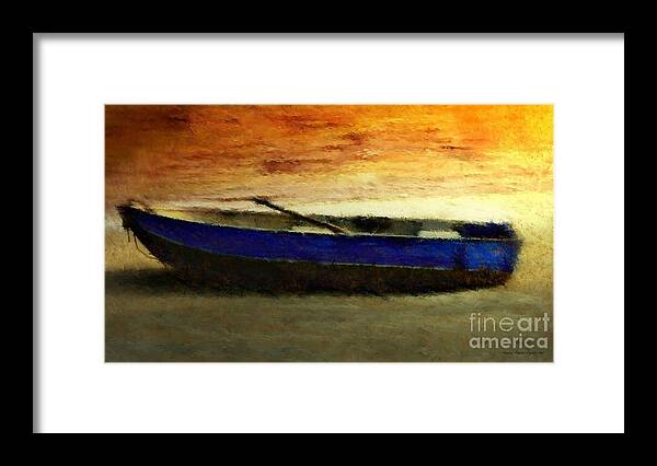 Painting Framed Print featuring the painting Blue Boat at Sunset by Sandra Bauser