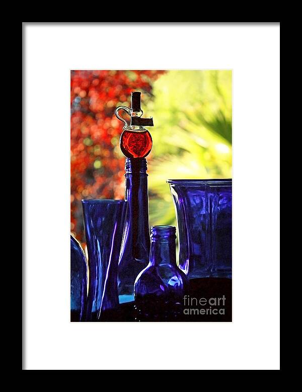 Blue Framed Print featuring the photograph Blue Bottles in Autumn by Ellen Cotton