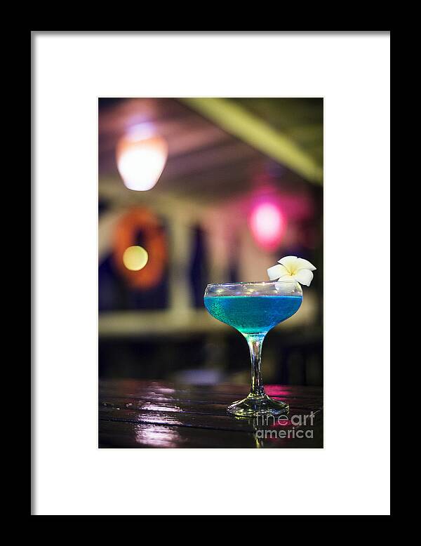 Cocktail Framed Print featuring the photograph Blue Cocktail Drink In Dark Bar Interior by JM Travel Photography