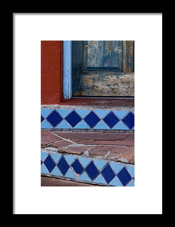 Blue Framed Print featuring the photograph Blue Door Colorful Steps Santa Fe by Carol Leigh