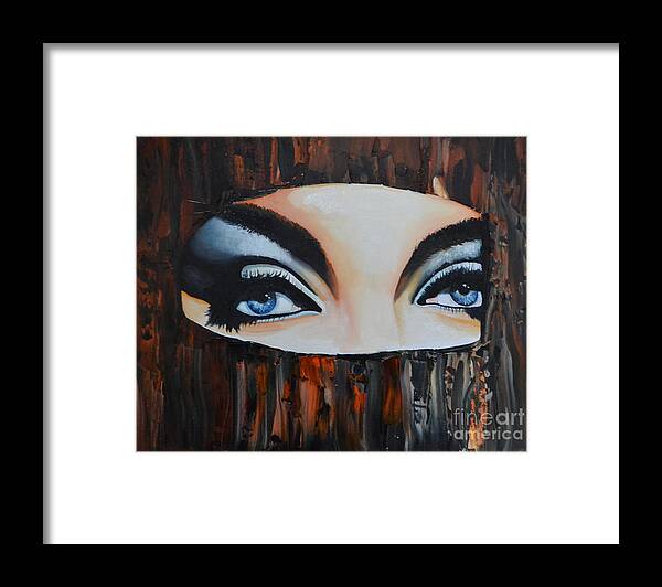 A Blued Woman Looking Through A Wooden Hole. She Has Blue Make-up Framed Print featuring the painting Blue Eyes by Martin Schmidt