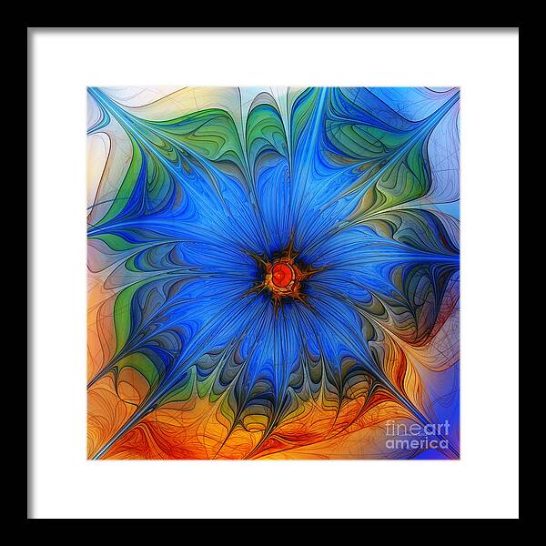 Abstract Framed Print featuring the digital art Blue Flower Dressed For Summer by Karin Kuhlmann