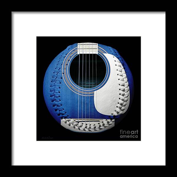 Andee Design Baseball Framed Print featuring the photograph Blue Guitar Baseball White Laces Square by Andee Design