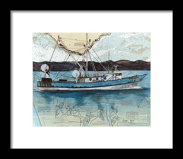Blue Framed Print featuring the painting BLUE HORIZON Trawl Fishing Boat Cathy Peek Nautical Chart Art by Cathy Peek