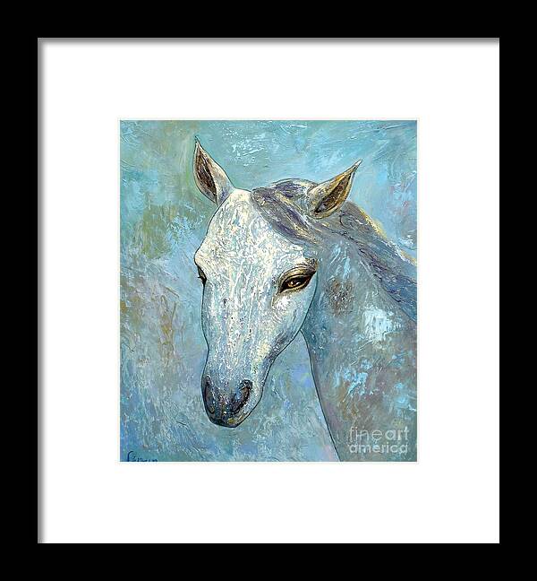 Oil Framed Print featuring the painting Blue Horse by Shijun Munns