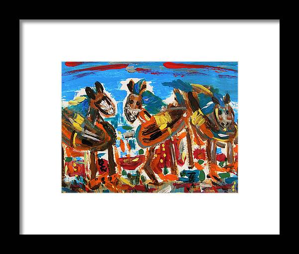 Blue Manes And Yellow Saddles Framed Print featuring the painting Blue Manes and Yellow Saddles by Mary Carol Williams