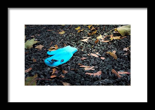 Blue Mitten Glove Cold Child Leaf Leaves Autumn Fall Rocks Lost Child Missing Tiny Small Hand Arm Child Boy Girl Lost Glove Child Little Scared Blue Brown Dead Leaf Leaves Bright Dark Knit Yarn Warm Cold Contrast Art Sad Lonely Alone Missing Scared Lost Framed Print featuring the photograph Blue Mitten by Tom Gort