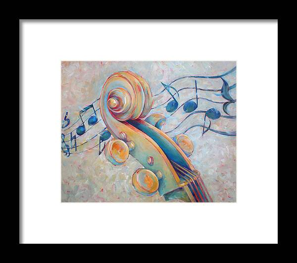 Susanne Clark Framed Print featuring the painting Blue Notes - Cello Scroll in Blues by Susanne Clark