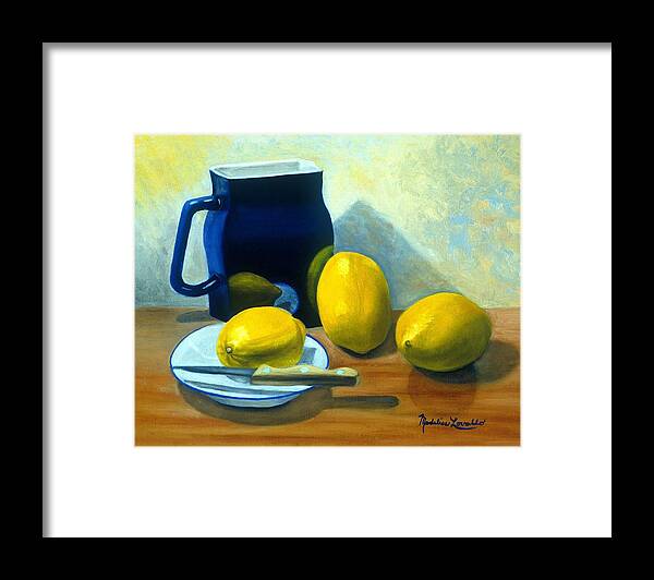 Lemons Framed Print featuring the painting Blue Pitcher with Lemons by Madeline Lovallo