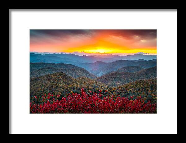 Blue Ridge Parkway Framed Print featuring the photograph Blue Ridge Parkway Autumn Sunset NC - Rapture by Dave Allen