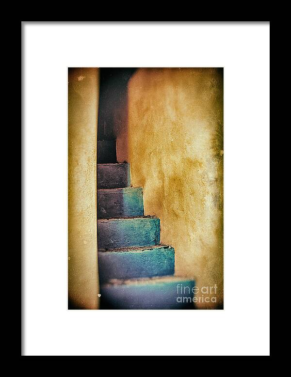 Abstract Framed Print featuring the photograph Blue stairs - Yellow wall  by Silvia Ganora