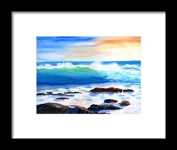 Ocean Framed Print featuring the painting Blue Water Wave crashing on Rocks by Carlin Blahnik CarlinArtWatercolor