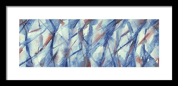 Abstract Framed Print featuring the painting Blue White and Coral Abstract Panoramic Painting by Beverly Brown PRints