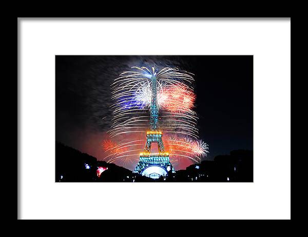 Bastille Day Framed Print featuring the photograph Blue White Red Fireworks by Joel Thai