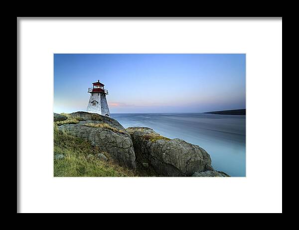 Feb0514 Framed Print featuring the photograph Boars Head Lighthouse At Dusk Bay by Scott Leslie