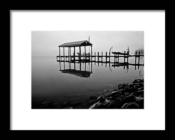 Boat Framed Print featuring the photograph Boat house in fog. Potomac River by Bill Jonscher