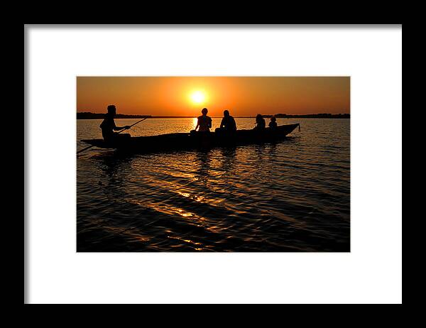 India Framed Print featuring the photograph Boat in sunset on Chilika Lake India by Diane Lent
