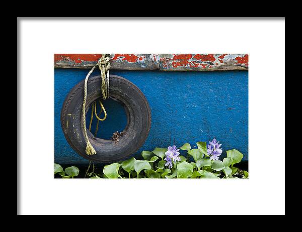 Backwaters Framed Print featuring the photograph Boat Tire and Hyacinth by Sonny Marcyan