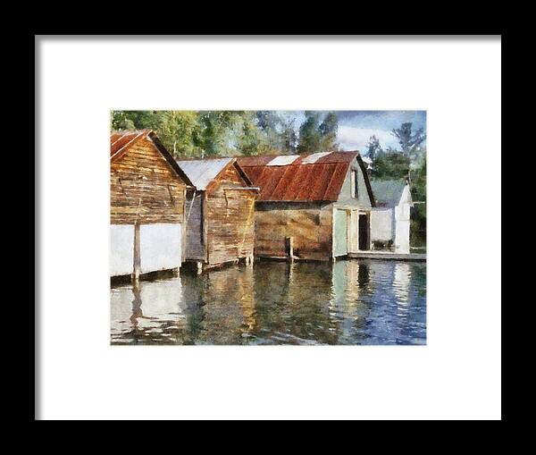 Boat Houses Framed Print featuring the photograph Boathouses on the Torch River ll by Michelle Calkins