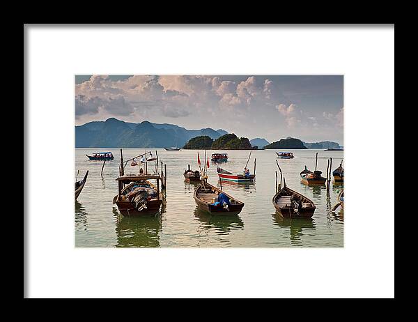 Southeast Asia Framed Print featuring the photograph Boats Moored In Sea, Teluk Baru by Richard I'anson