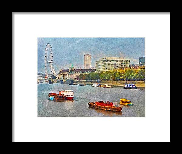 London Eye Framed Print featuring the digital art Boats on the River Thames and The London Eye by Digital Photographic Arts
