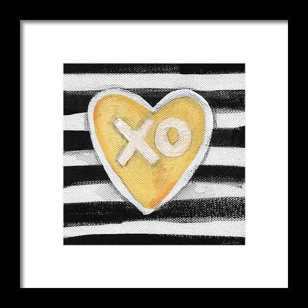 Love Heart Valentine Romance Stripes Black White Yellow Grey Pop Art Contemporary Art Watercolor Ink Painting Xo Family Friend Wife Husband Bedroom Art Kitchen Art Living Room Art Gallery Wall Art Art For Interior Designers Hospitality Art Set Design Wedding Gift Art By Linda Woodspillow Framed Print featuring the painting Bold Love by Linda Woods