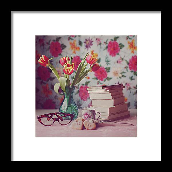 Vase Framed Print featuring the photograph Books And Tulips by Julia Davila-lampe