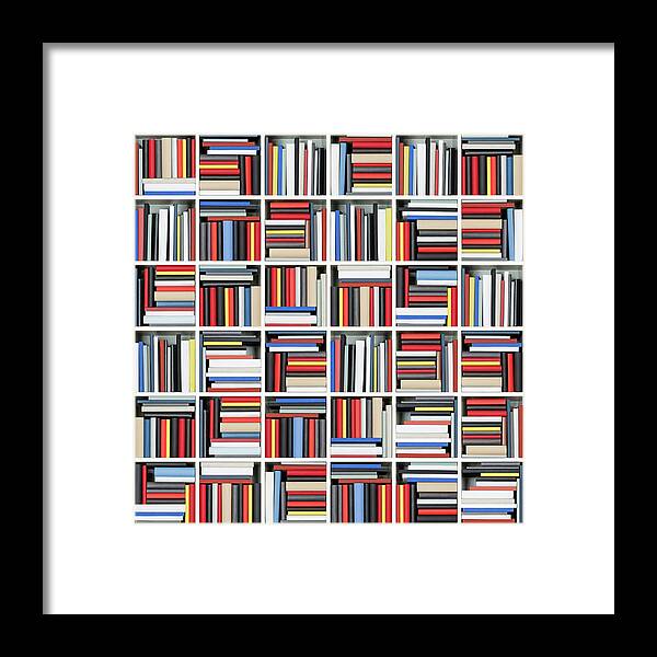 Large Group Of Objects Framed Print featuring the photograph Books In A Shelf by Jorg Greuel