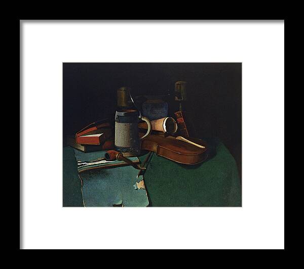John Frederick Peto Framed Print featuring the painting Books Mug Pipe and Violin by John Frederick Peto