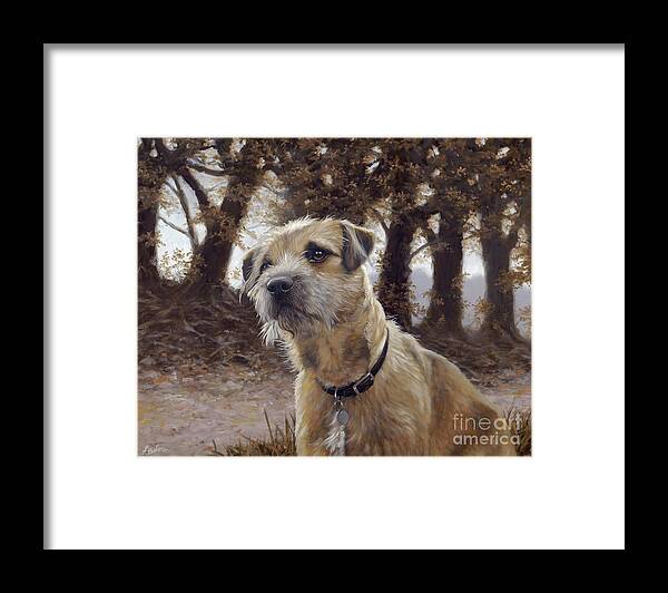 Dog Paintings Framed Print featuring the painting Border Terrier in the woods by John Silver